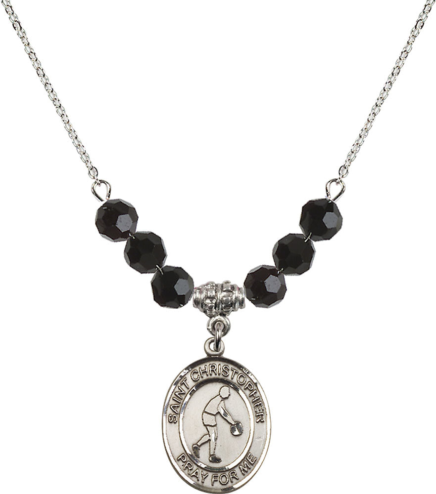 Sterling Silver Saint Christopher/Basketball Birthstone Necklace with Jet Beads - 8153