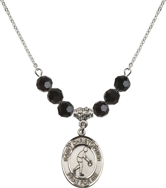 Sterling Silver Saint Christopher/Basketball Birthstone Necklace with Jet Beads - 8153