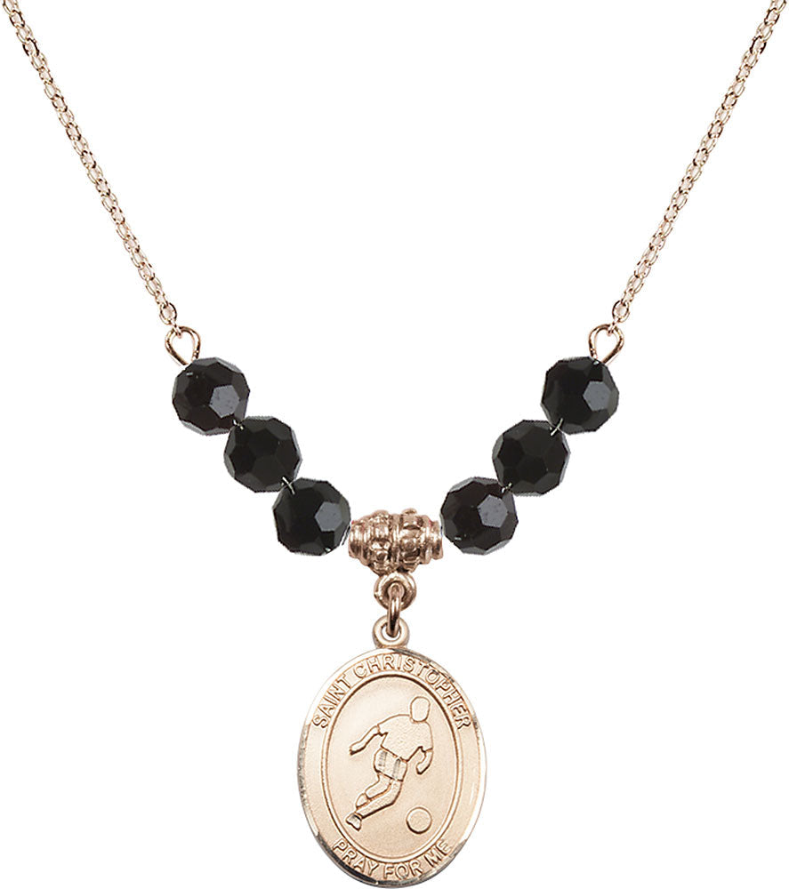 14kt Gold Filled Saint Christopher/Soccer Birthstone Necklace with Jet Beads - 8154