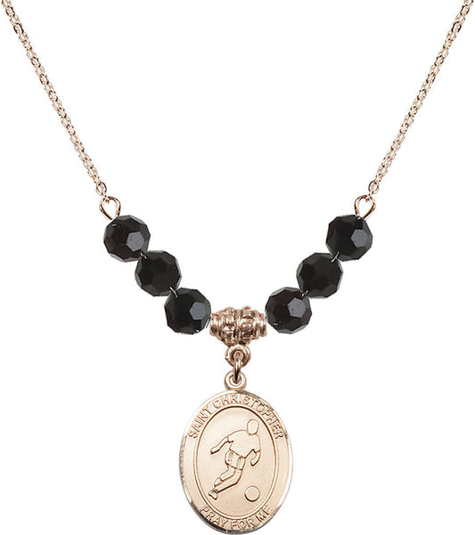 14kt Gold Filled Saint Christopher/Soccer Birthstone Necklace with Jet Beads - 8154