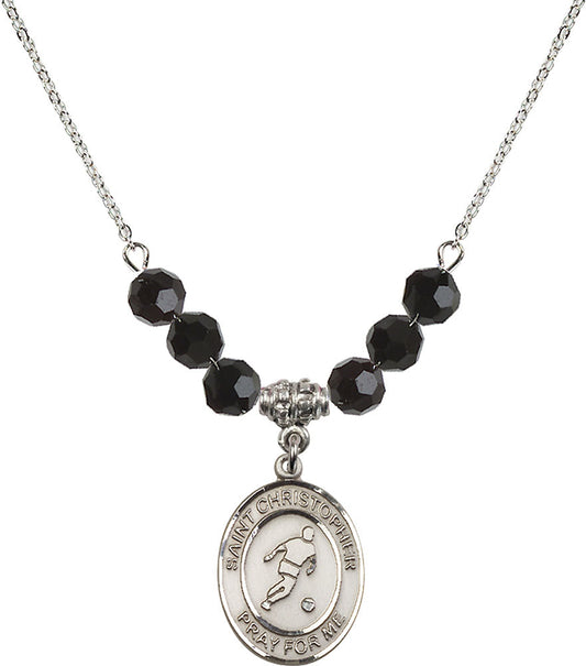 Sterling Silver Saint Christopher/Soccer Birthstone Necklace with Jet Beads - 8154