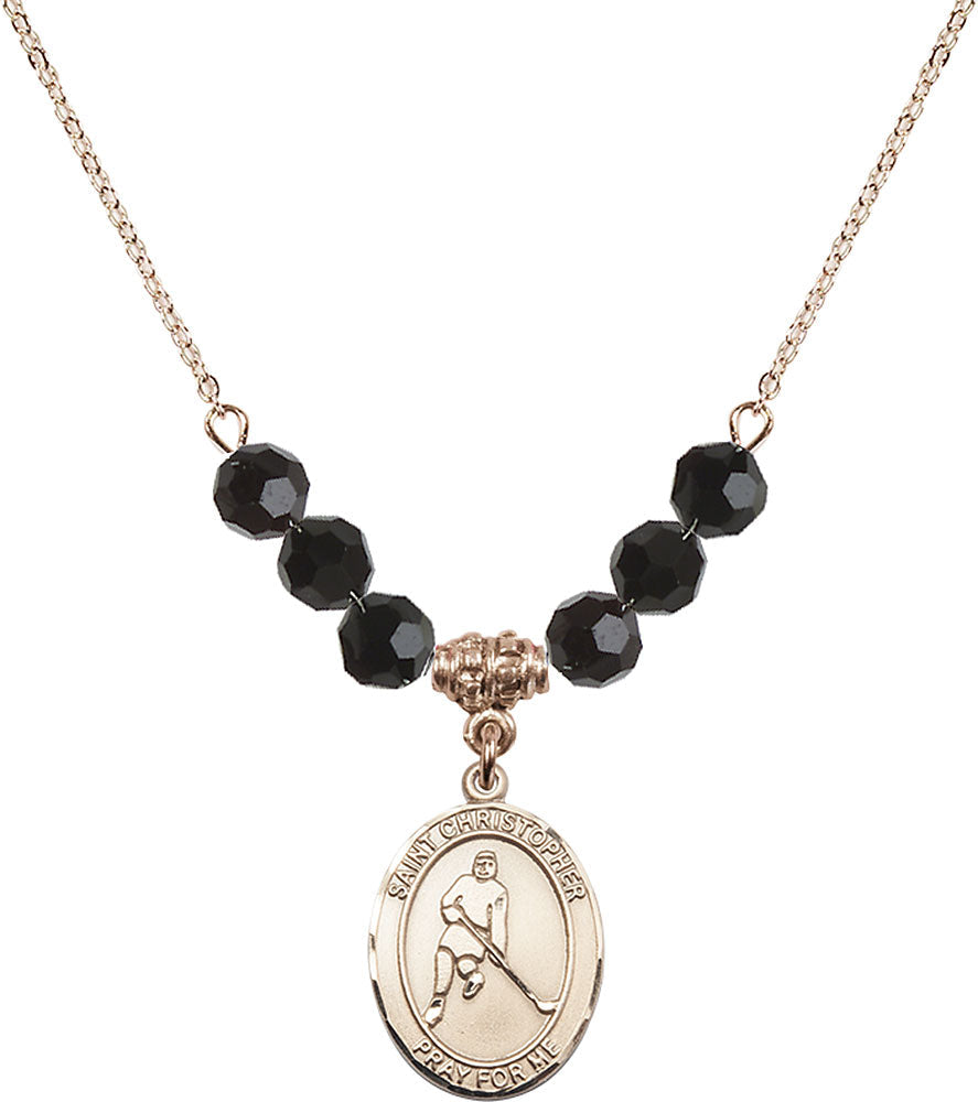14kt Gold Filled Saint Christopher/Ice Hockey Birthstone Necklace with Jet Beads - 8155