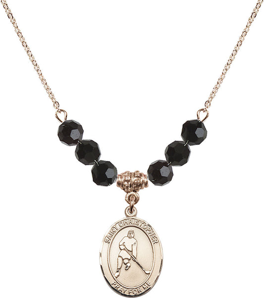 14kt Gold Filled Saint Christopher/Ice Hockey Birthstone Necklace with Jet Beads - 8155