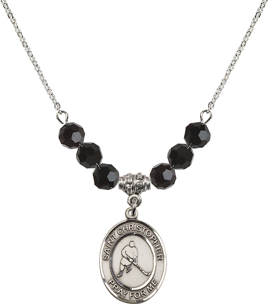 Sterling Silver Saint Christopher/Ice Hockey Birthstone Necklace with Jet Beads - 8155