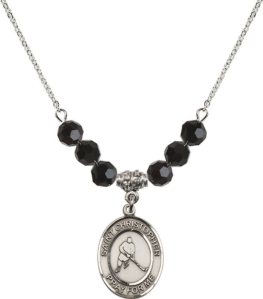 Sterling Silver Saint Christopher/Ice Hockey Birthstone Necklace with Jet Beads - 8155