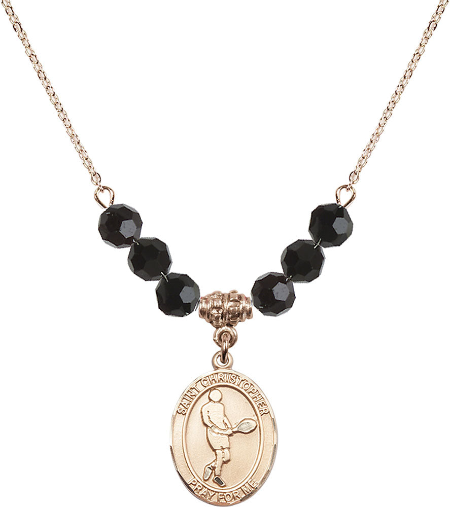 14kt Gold Filled Saint Christopher/Tennis Birthstone Necklace with Jet Beads - 8156