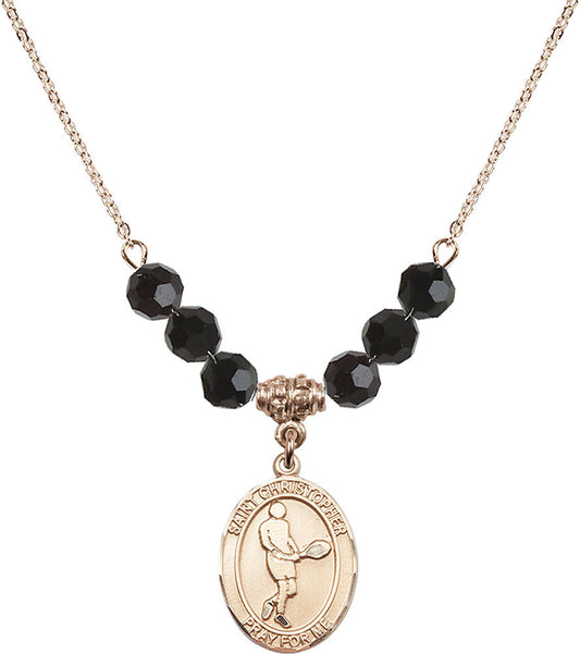 14kt Gold Filled Saint Christopher/Tennis Birthstone Necklace with Jet Beads - 8156