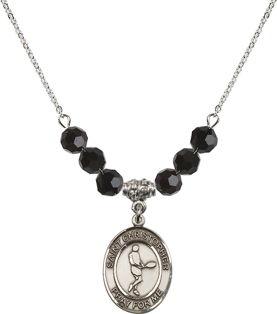 Sterling Silver Saint Christopher/Tennis Birthstone Necklace with Jet Beads - 8156