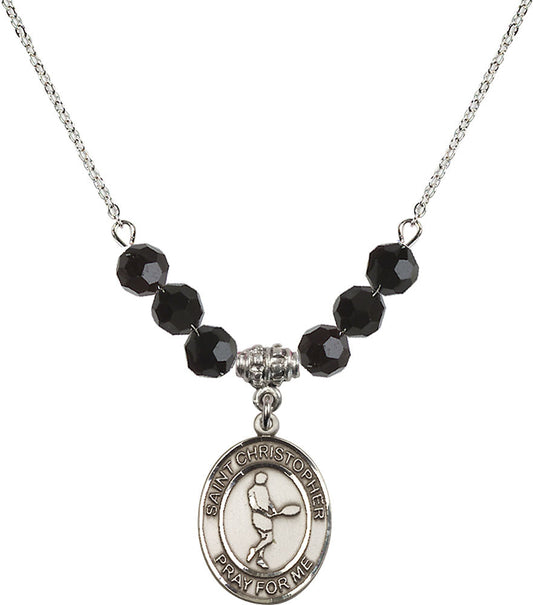 Sterling Silver Saint Christopher/Tennis Birthstone Necklace with Jet Beads - 8156