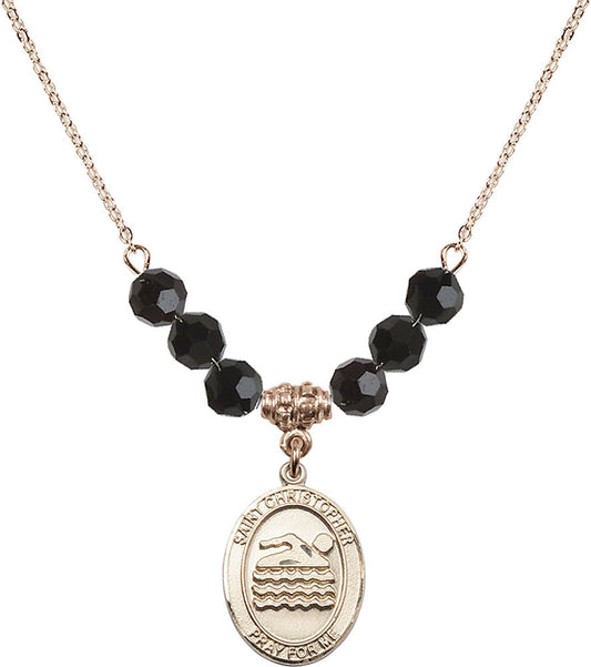 14kt Gold Filled Saint Christopher/Swimming Birthstone Necklace with Jet Beads - 8157