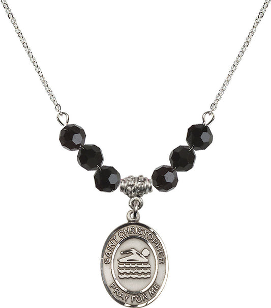 Sterling Silver Saint Christopher/Swimming Birthstone Necklace with Jet Beads - 8157