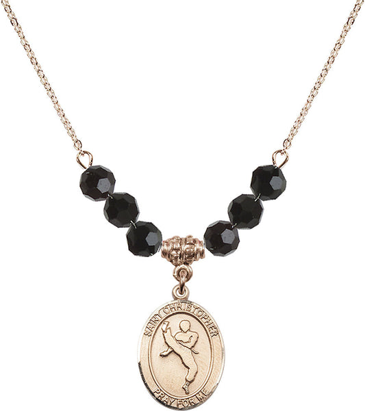 14kt Gold Filled Saint Christopher/Martial Arts Birthstone Necklace with Jet Beads - 8158