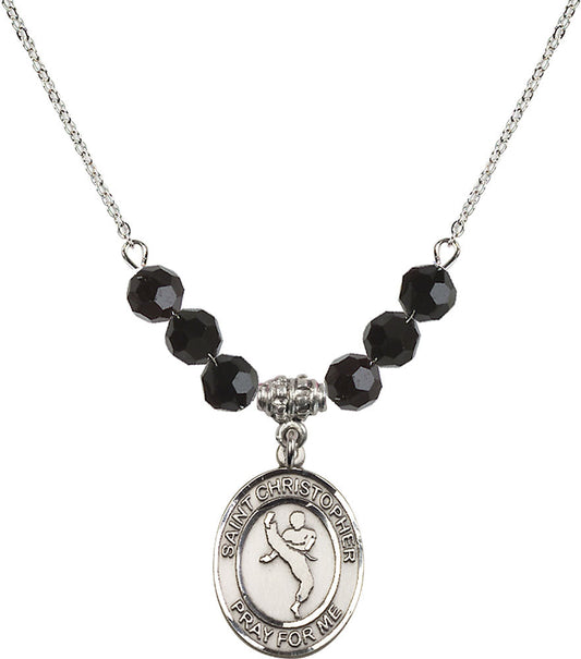 Sterling Silver Saint Christopher/Martial Arts Birthstone Necklace with Jet Beads - 8158