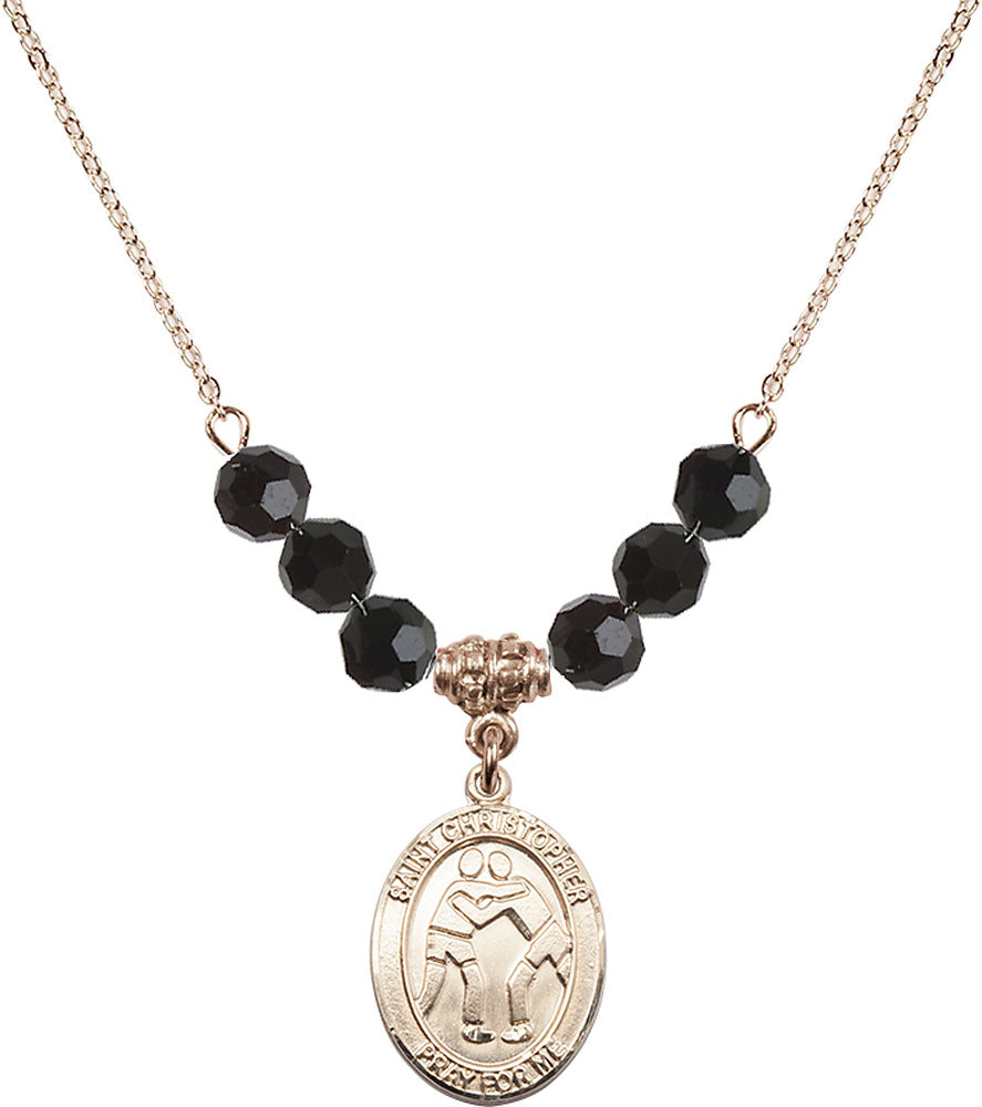 14kt Gold Filled Saint Christopher/Wrestling Birthstone Necklace with Jet Beads - 8159