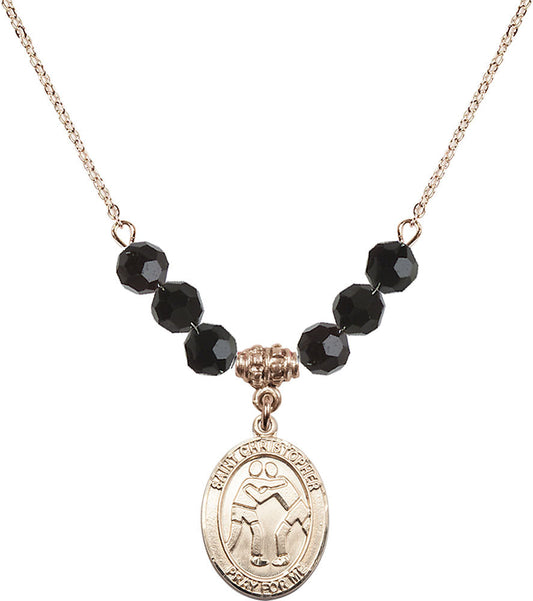 14kt Gold Filled Saint Christopher/Wrestling Birthstone Necklace with Jet Beads - 8159