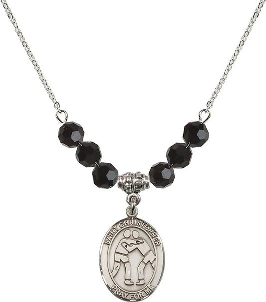 Sterling Silver Saint Christopher/Wrestling Birthstone Necklace with Jet Beads - 8159