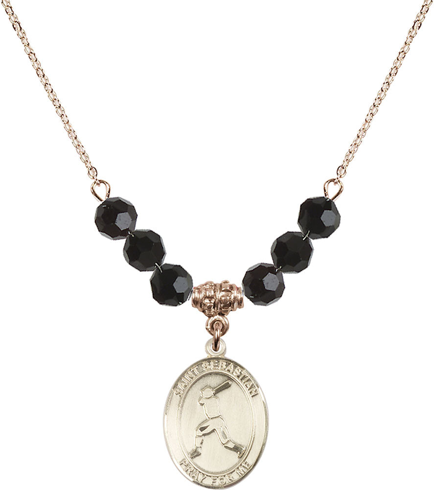 14kt Gold Filled Saint Sebastian/Baseball Birthstone Necklace with Jet Beads - 8160