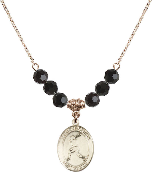 14kt Gold Filled Saint Sebastian/Baseball Birthstone Necklace with Jet Beads - 8160
