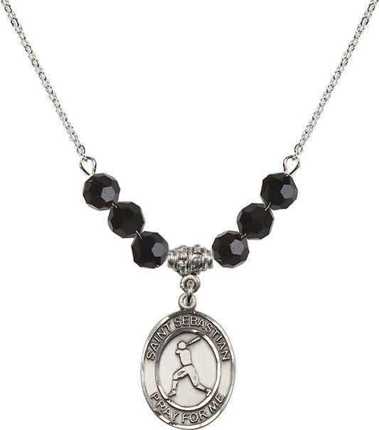 Sterling Silver Saint Sebastian/Baseball Birthstone Necklace with Jet Beads - 8160