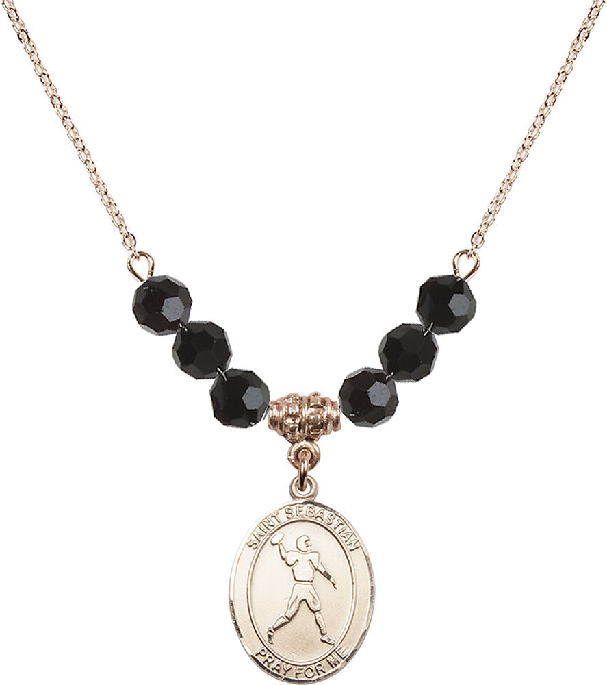 14kt Gold Filled Saint Sebastian/Football Birthstone Necklace with Jet Beads - 8161
