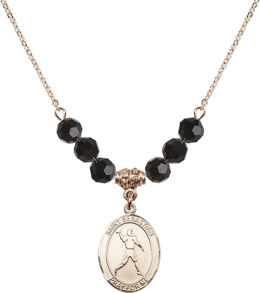 14kt Gold Filled Saint Sebastian/Football Birthstone Necklace with Jet Beads - 8161