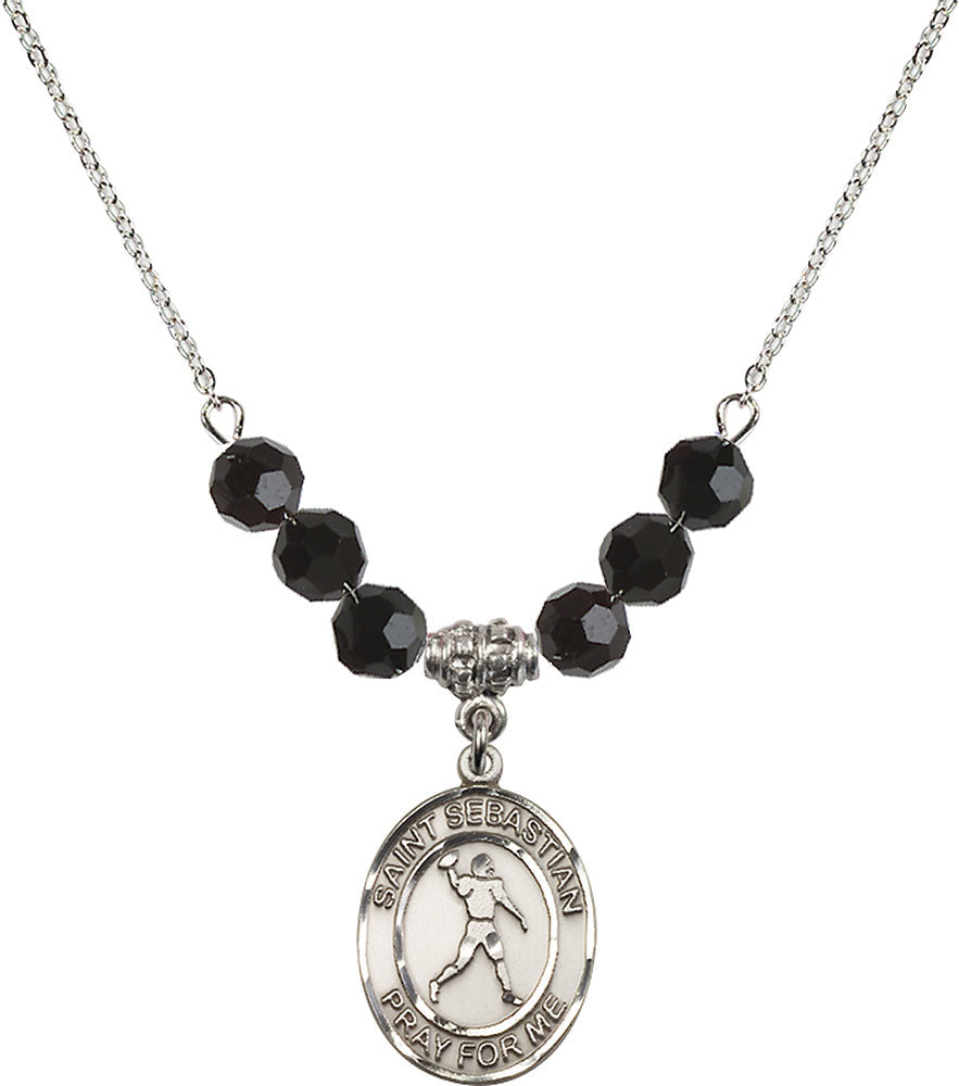 Sterling Silver Saint Sebastian/Football Birthstone Necklace with Jet Beads - 8161