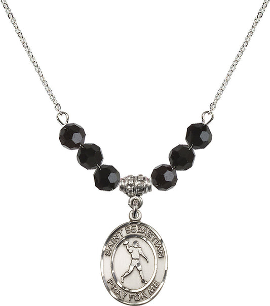 Sterling Silver Saint Sebastian/Football Birthstone Necklace with Jet Beads - 8161
