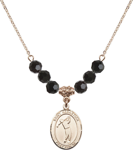 14kt Gold Filled Saint Sebastian/Golf Birthstone Necklace with Jet Beads - 8162
