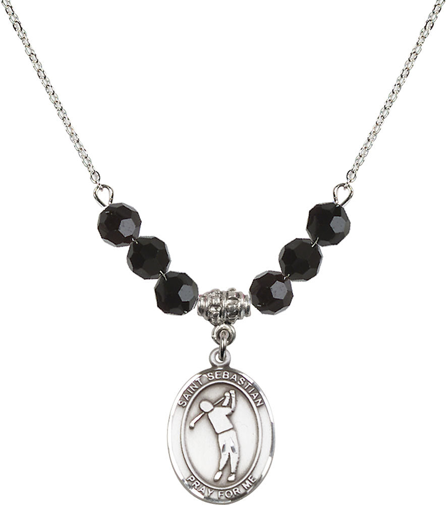 Sterling Silver Saint Sebastian/Golf Birthstone Necklace with Jet Beads - 8162