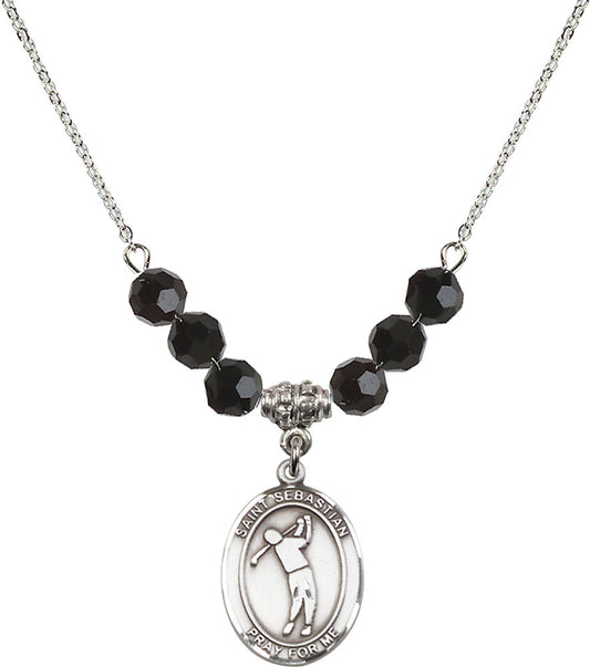 Sterling Silver Saint Sebastian/Golf Birthstone Necklace with Jet Beads - 8162