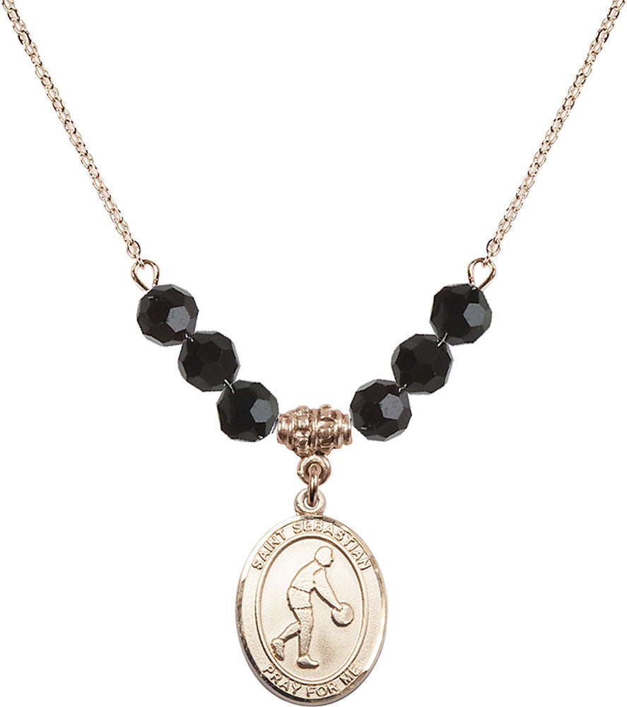 14kt Gold Filled Saint Sebastian/Basketball Birthstone Necklace with Jet Beads - 8163