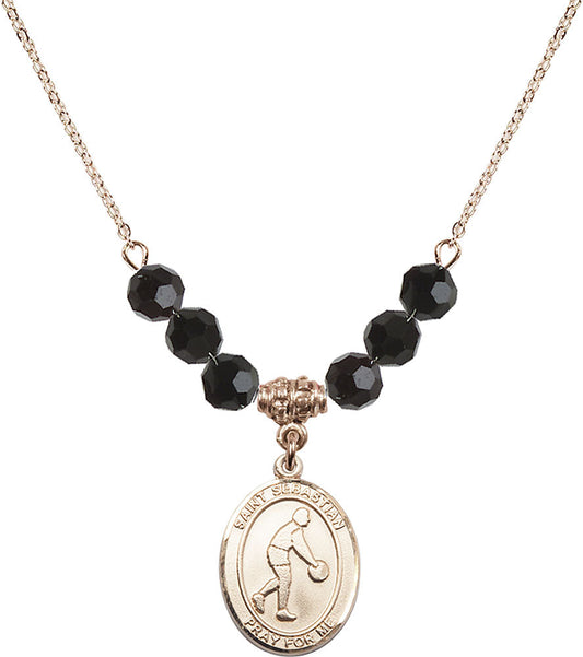 14kt Gold Filled Saint Sebastian/Basketball Birthstone Necklace with Jet Beads - 8163