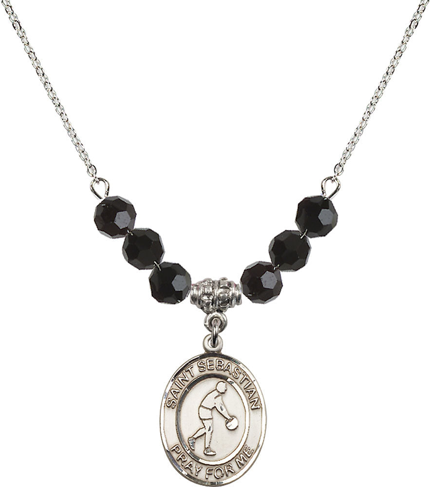 Sterling Silver Saint Sebastian/Basketball Birthstone Necklace with Jet Beads - 8163