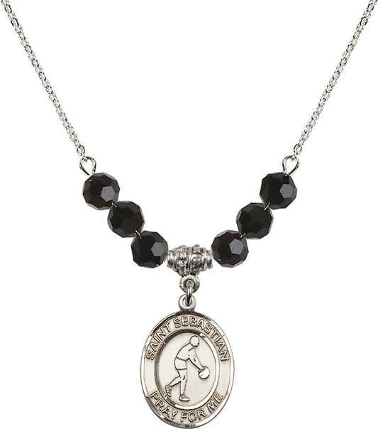 Sterling Silver Saint Sebastian/Basketball Birthstone Necklace with Jet Beads - 8163