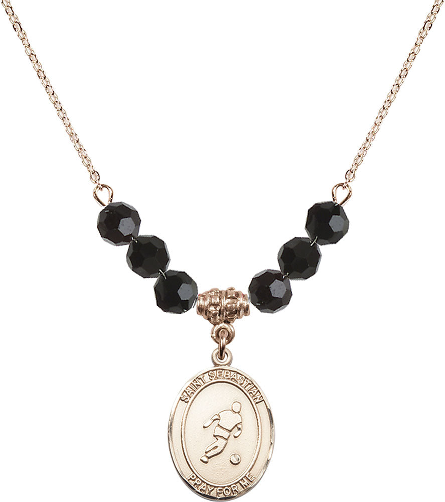 14kt Gold Filled Saint Sebastian/Soccer Birthstone Necklace with Jet Beads - 8164