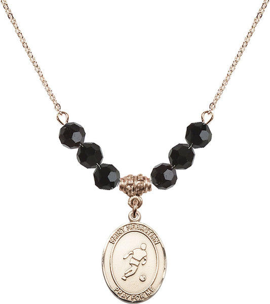 14kt Gold Filled Saint Sebastian/Soccer Birthstone Necklace with Jet Beads - 8164