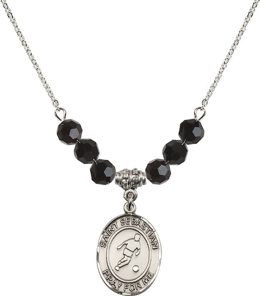 Sterling Silver Saint Sebastian/Soccer Birthstone Necklace with Jet Beads - 8164