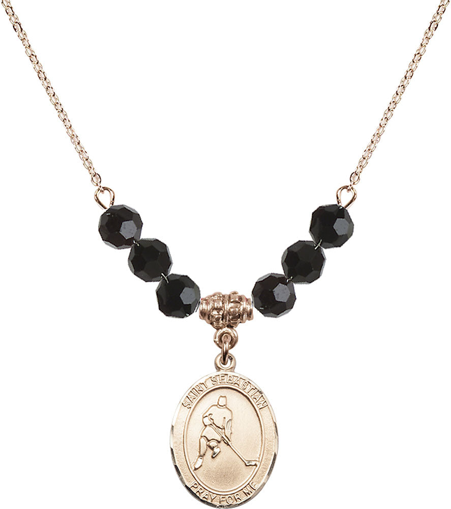 14kt Gold Filled Saint Sebastian/Ice Hockey Birthstone Necklace with Jet Beads - 8165