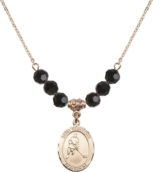 14kt Gold Filled Saint Sebastian/Ice Hockey Birthstone Necklace with Jet Beads - 8165