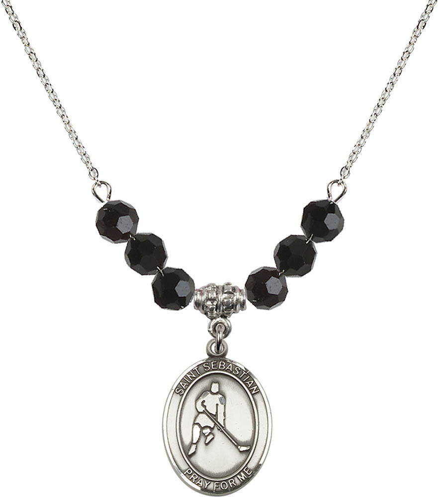 Sterling Silver Saint Sebastian/Ice Hockey Birthstone Necklace with Jet Beads - 8165