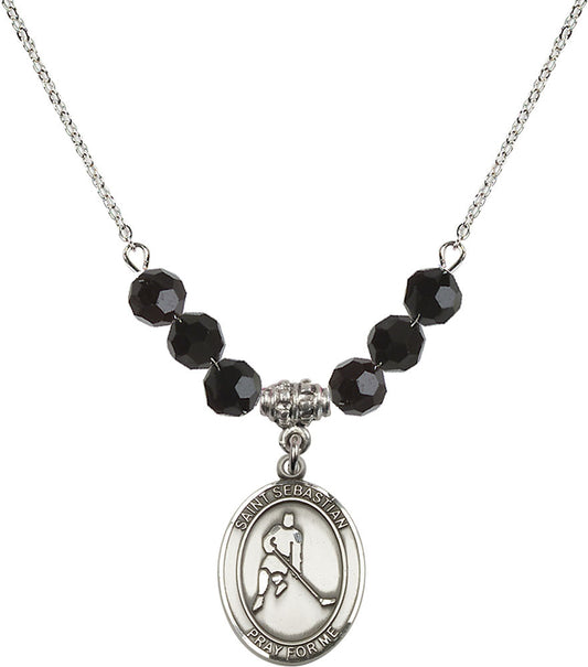 Sterling Silver Saint Sebastian/Ice Hockey Birthstone Necklace with Jet Beads - 8165