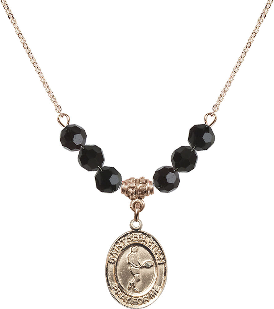 14kt Gold Filled Saint Sebastian/Tennis Birthstone Necklace with Jet Beads - 8166