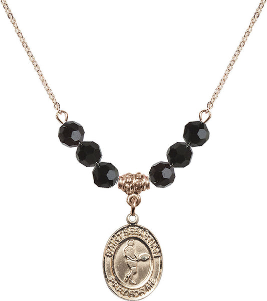 14kt Gold Filled Saint Sebastian/Tennis Birthstone Necklace with Jet Beads - 8166