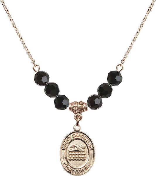 14kt Gold Filled Saint Sebastian/Swimming Birthstone Necklace with Jet Beads - 8167