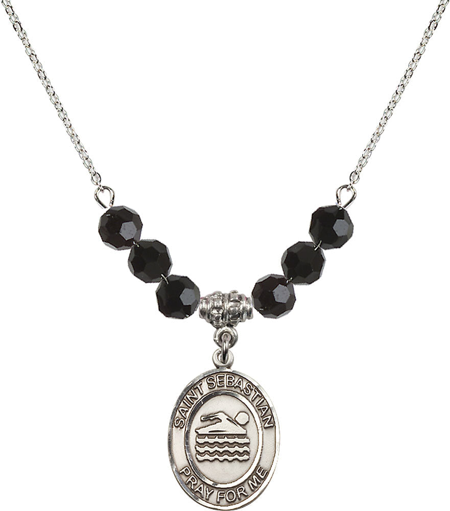 Sterling Silver Saint Sebastian/Swimming Birthstone Necklace with Jet Beads - 8167