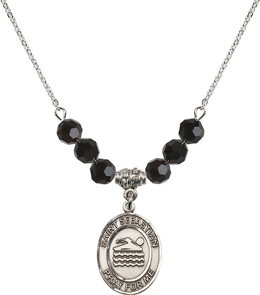 Sterling Silver Saint Sebastian/Swimming Birthstone Necklace with Jet Beads - 8167
