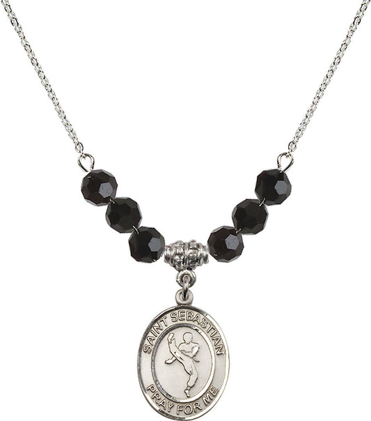 Sterling Silver Saint Sebastian/Martial Arts Birthstone Necklace with Jet Beads - 8168