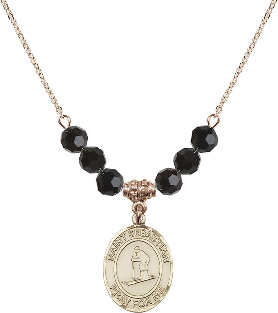 14kt Gold Filled Saint Sebastian/Skiing Birthstone Necklace with Jet Beads - 8169