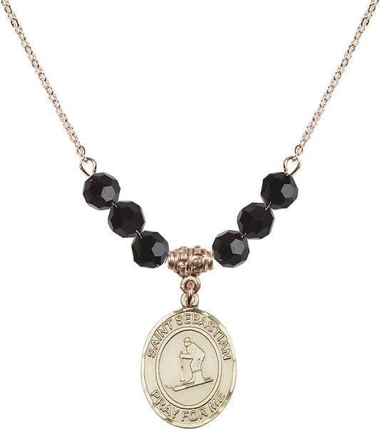14kt Gold Filled Saint Sebastian/Skiing Birthstone Necklace with Jet Beads - 8169