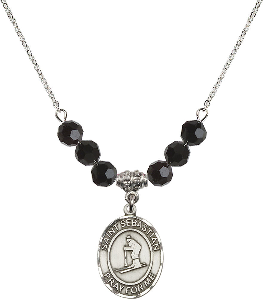Sterling Silver Saint Sebastian/Skiing Birthstone Necklace with Jet Beads - 8169